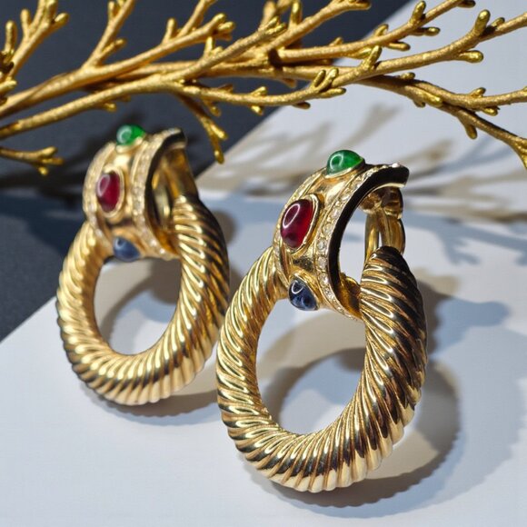 GIVENCHY Vintage 80's Chunky Jewels of India Mogul Twisted Doorknocker Earrings - Picture 3 of 6